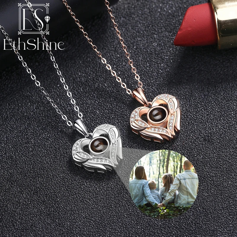 EthShine Personalized Photo Necklace 925 Sterling Silver Customized Photo Heart Projection Necklace with Picture Christmas Gift
