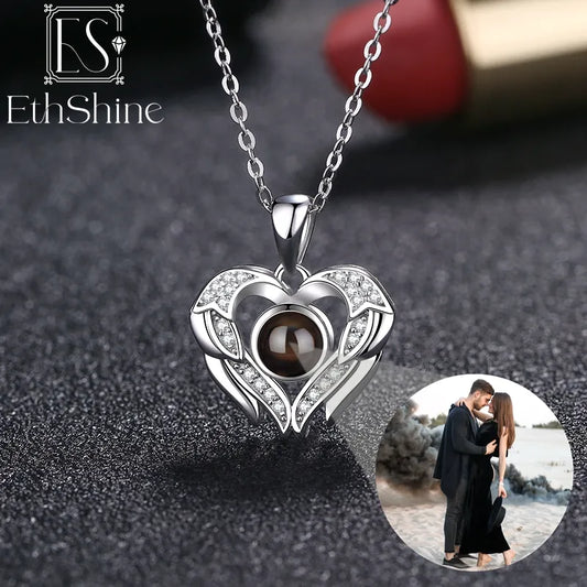 EthShine Personalized Photo Necklace 925 Sterling Silver Customized Photo Heart Projection Necklace with Picture Christmas Gift