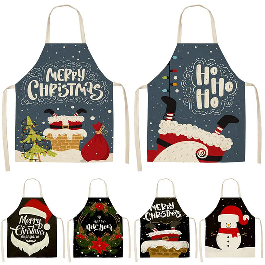 New Year Christmas Ornament Santa Claus Christmas Apron Cotton Linen Women's Kitchen Apron Baking Accessories Home Decor